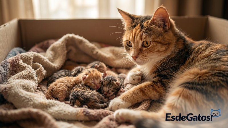 Una gata joven primeriza mirando con cierta indecisión a sus gatitos recién nacidos en su nido