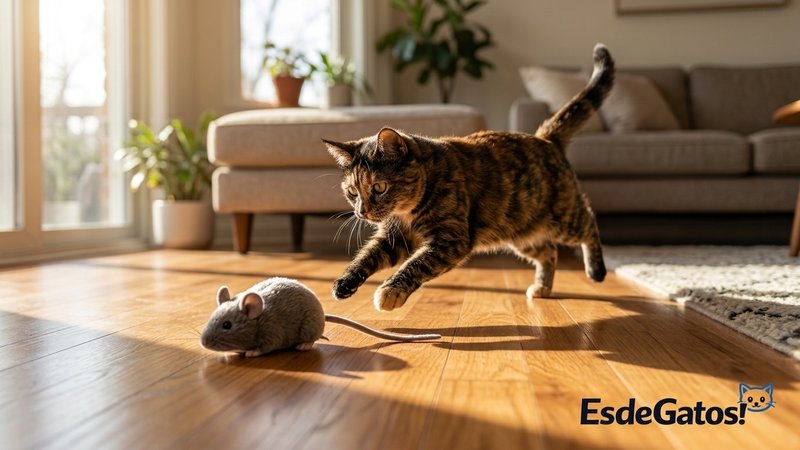 Una gata jugando con energía persiguiendo un ratón de peluche por el suelo del salón