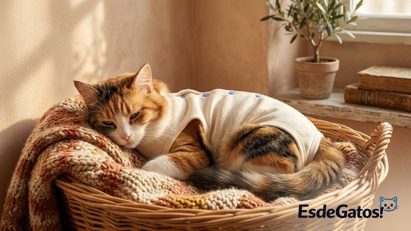 Una gata llevando un body postoperatorio de algodón suave, descansando en un rincón acogedor