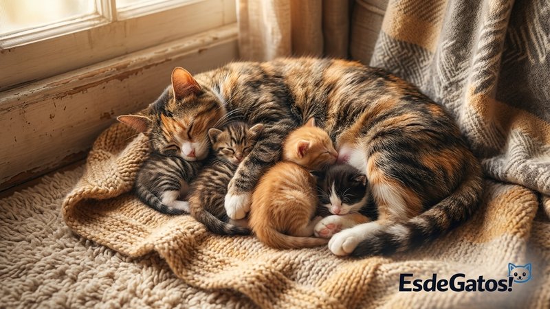 Una gata madre acurrucada de forma protectora alrededor de su camada de gatitos sanos en un rincón acogedor