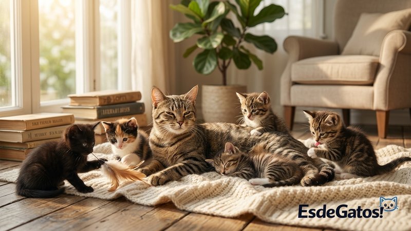 Una gata madre contenta con sus gatitos sanos y juguetones en un hogar tranquilo y luminoso