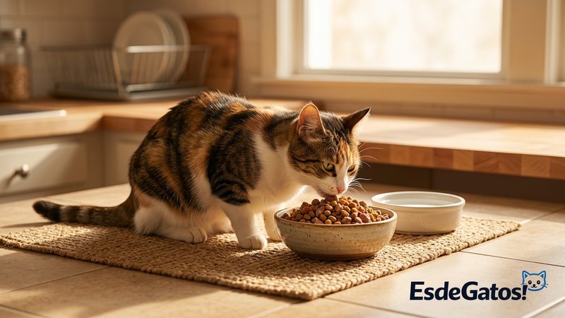 Una gata madre sana comiendo de un cuenco lleno en la cocina de una casa, con muy buen aspecto