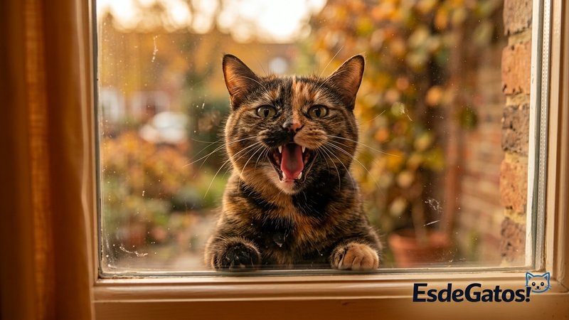 Una gata maullando insistente asomada a una ventana cerrada, con la boca abierta