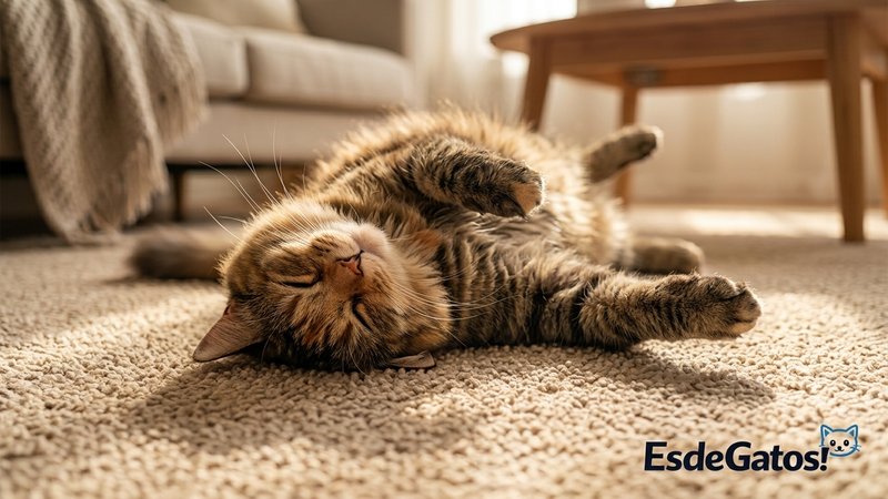 Una gata revolcándose cariñosa por el suelo de un salón, frotándose contra la alfombra