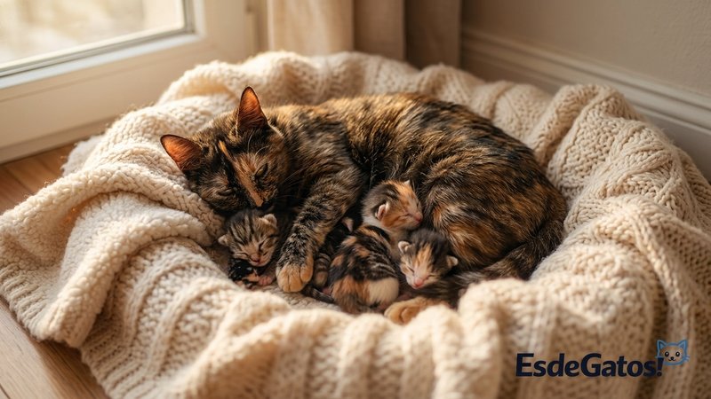 Una gata rodeada de varios gatitos recién nacidos en un nido acogedor con mantas, en un rincón de la casa