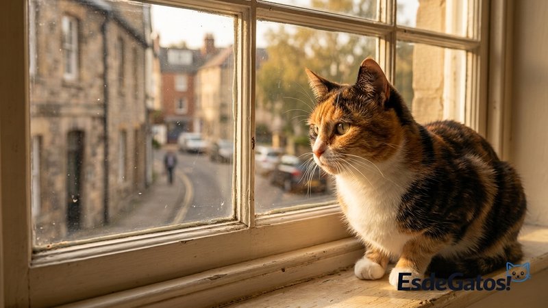 Una gata sentada junto a una ventana cerrada de la casa, observando la calle desde dentro