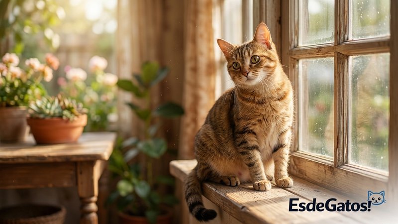 Una gata joven atigrada con expresión curiosa sentada junto a la ventana de un hogar luminoso, con su barriga redondeada