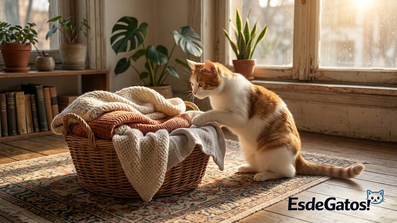 Una gata blanca y naranja explorando con calma un rincón tranquilo del hogar donde alguien le ha preparado una cesta con