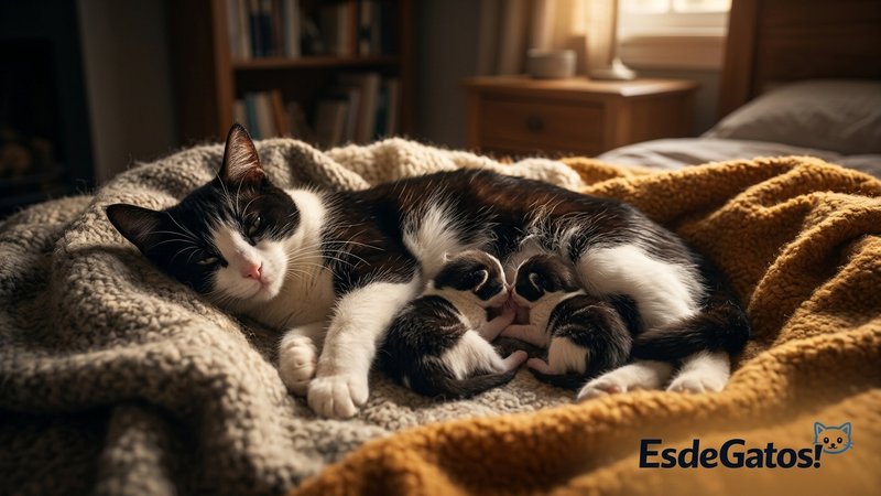 Una gata madre negra y blanca recostada con serenidad mientras amamanta a sus gatitos recién nacidos en un nido cálido d