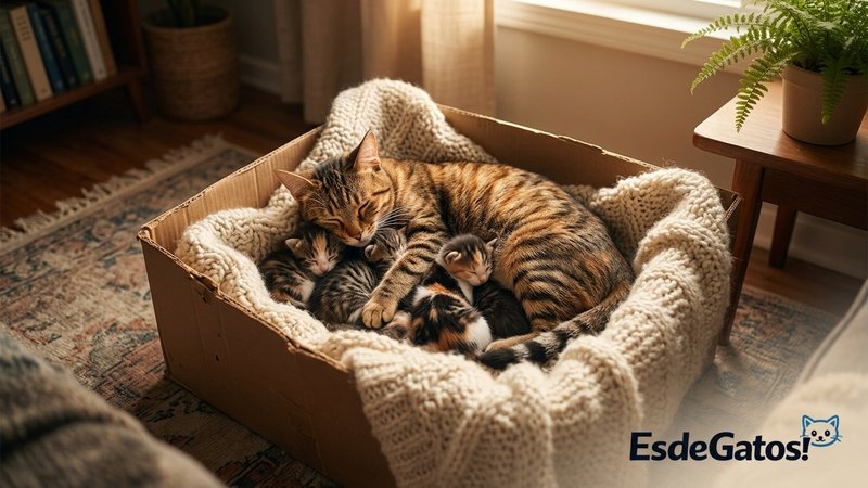 Una gata madre atigrada durmiendo plácidamente rodeada de sus gatitos dentro de una caja abrigada colocada en un rincón