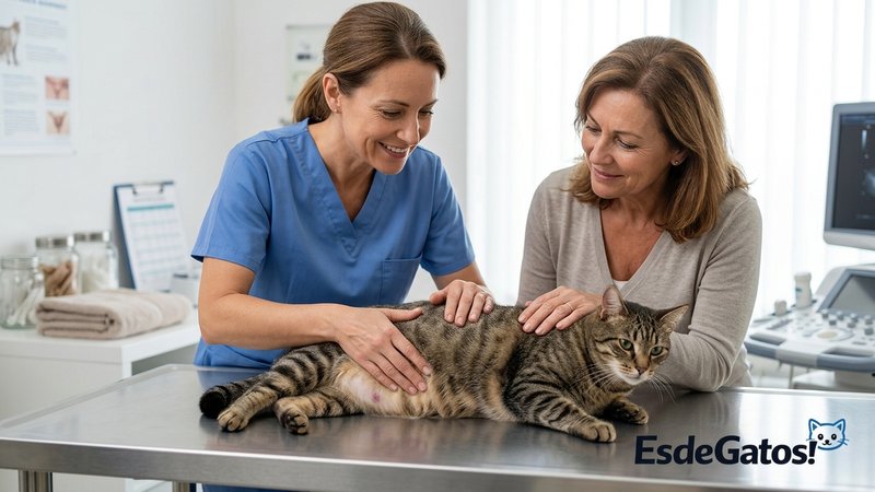 Una veterinaria amable revisando con cuidado a una gata gestante tranquila sobre la mesa de consulta mientras su dueña l