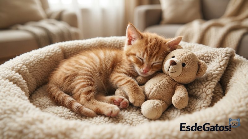 Un gatito acurrucado junto a un peluche que le hace de compañía, en su camita