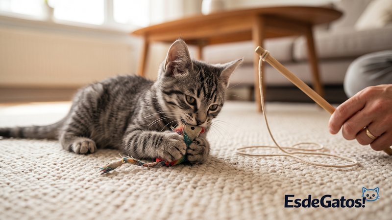 Un gatito atigrado gris atrapando con sus patas delanteras un juguete pequeño de tela