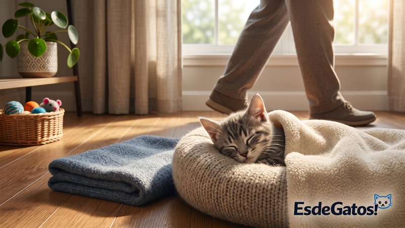 Un gatito atigrado gris durmiendo profundamente en una camita cálida junto a una manta