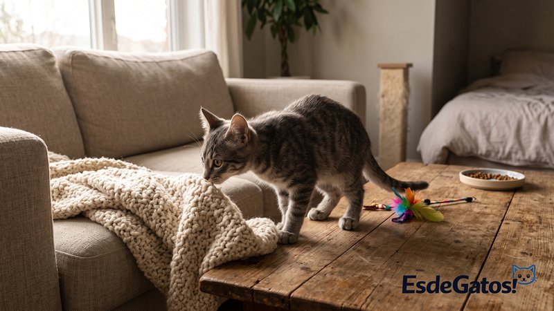 Un gatito atigrado gris explorando un sofá y una mesa baja dentro de una casa acogedora