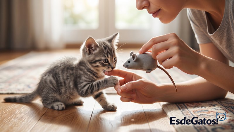 Un gatito atigrado gris intentando morder suavemente los dedos de una persona durante