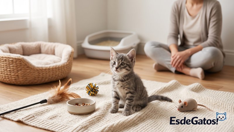 Un gatito atigrado gris muy peque帽o en una sala luminosa de casa