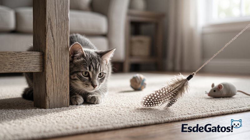 Un gatito atigrado gris persiguiendo una cuerda con pluma que se mueve parcialmente