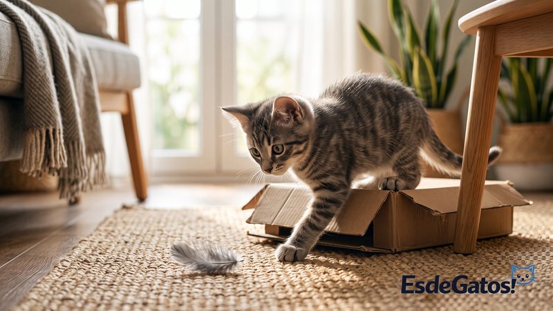 Un gatito atigrado gris practicando exploración y juego dentro de una casa