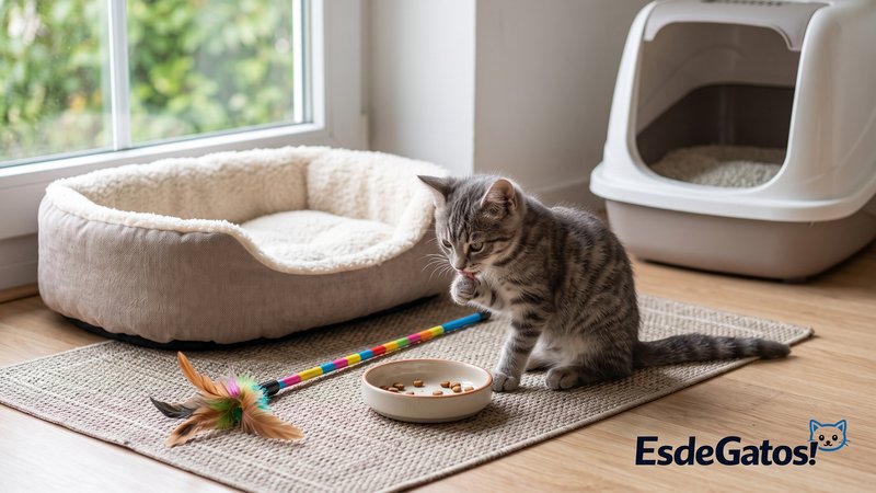 Un gatito atigrado gris siguiendo una rutina tranquila en casa: un plato con comida