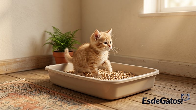 Un gatito dentro de su arenero de bordes bajos en un rincón tranquilo de la casa