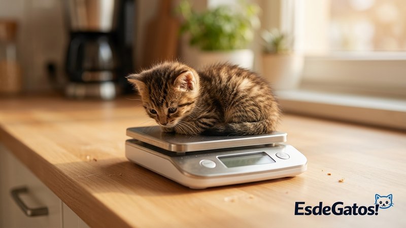 Un gatito diminuto sobre una pequeña báscula de cocina, en una superficie limpia