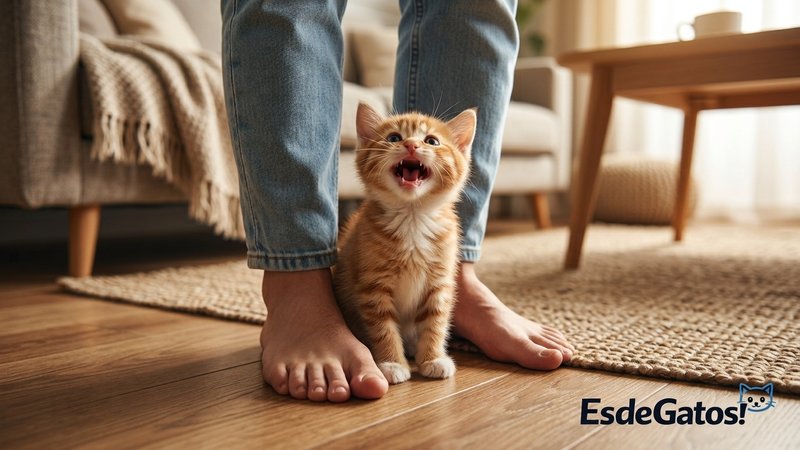 Un gatito maullando insistentemente a los pies de su dueño, mirando hacia arriba, en el salón
