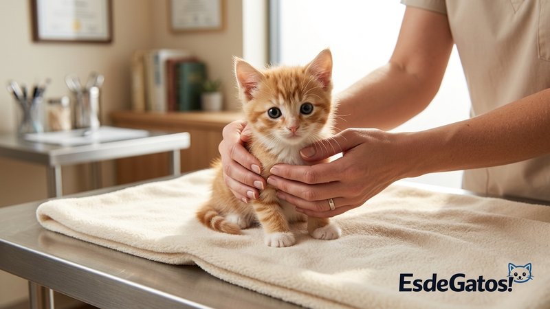 Un gatito pequeño sobre la camilla de una clínica veterinaria luminosa, mientras unas manos lo sujetan con suavidad