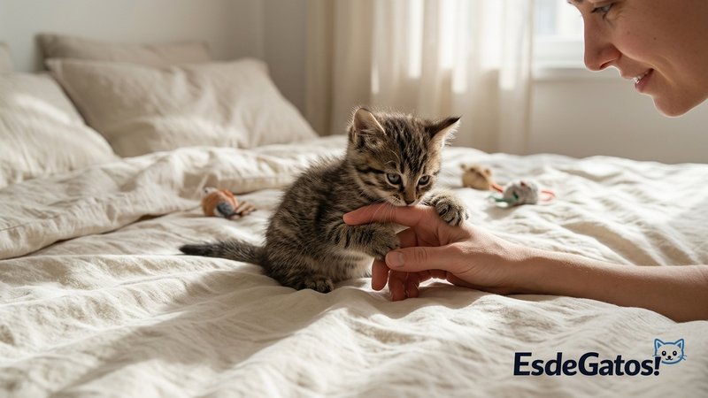 Un gatito pequeño jugando con los dedos de una persona en una cama