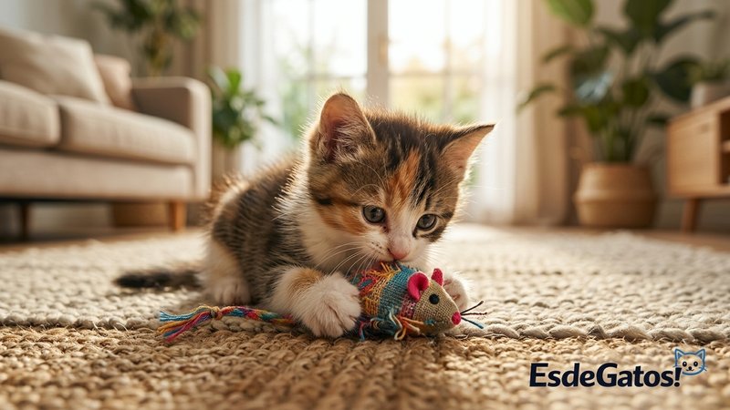 Un gatito pequeño mordisqueando un juguete de tela sobre una alfombra, con gesto tierno, en un salón luminoso