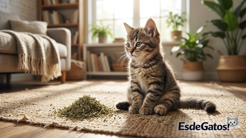 Un gatito pequeño sentado junto a un poco de hierba gatera sin apenas prestarle atención, en un salón luminoso