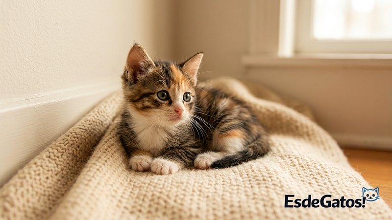 Un gatito muy pequeño solo sobre una manta en un rincón tranquilo, mirando alrededor