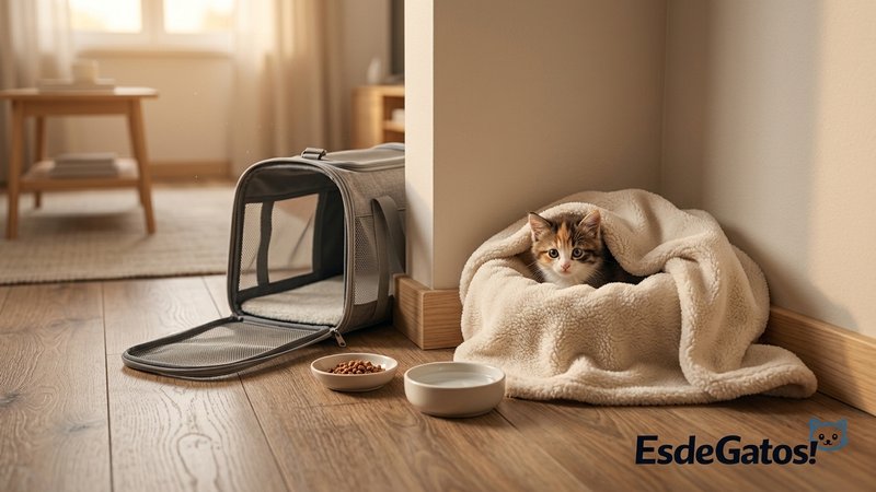 Un gatito recién adoptado escondido en una esquina de una habitación nueva