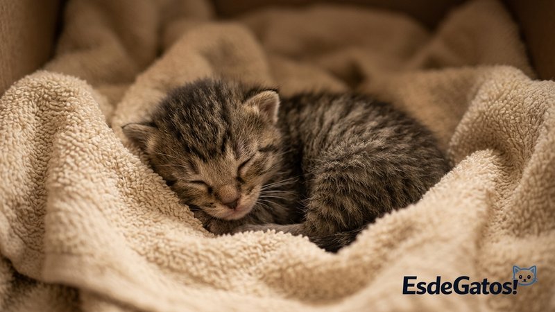 Un gatito recién nacido con los ojos cerrados durmiendo sobre una toalla suave y cálida