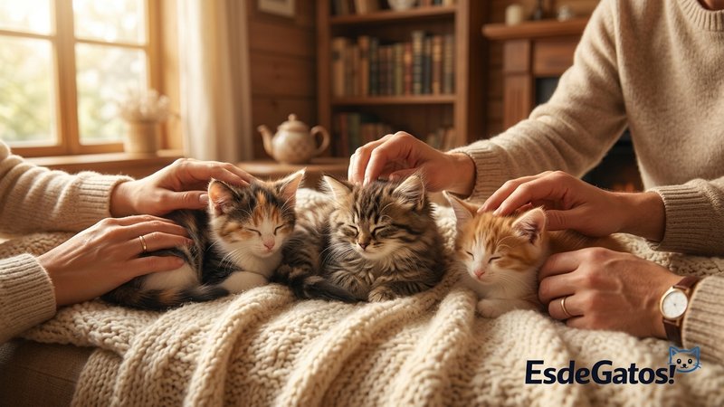 Un gatito siendo acariciado con delicadeza por varias personas en un ambiente tranquilo y acogedor