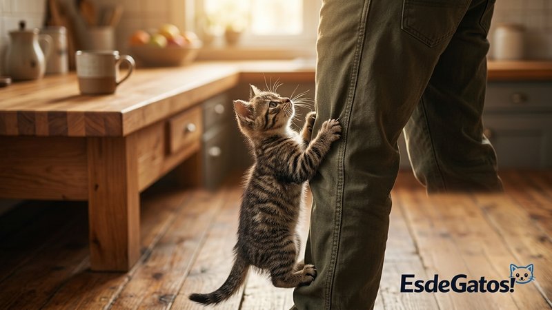 Un gatito trepando por la pierna del pantalón de una persona de pie en la cocina