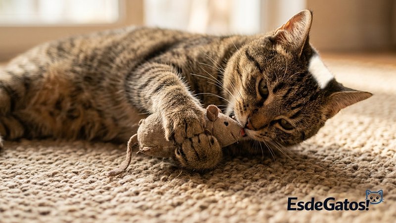 Un gato abrazando y mordisqueando un ratoncito de tela relleno entre las patas, tumbado en la alfombra