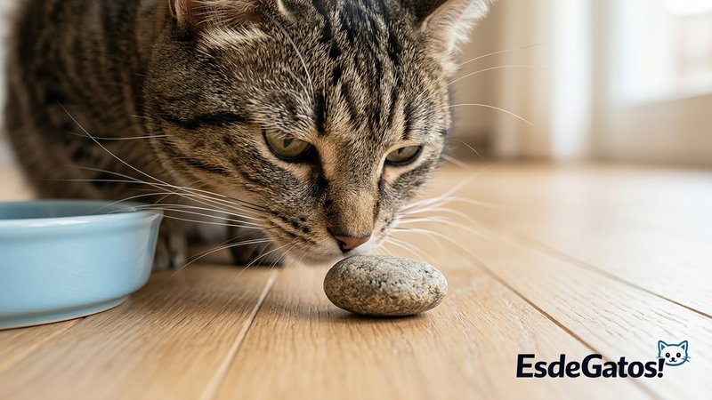 Un gato acercando su cara a un objeto pequeño en el suelo