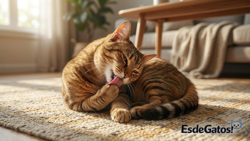 Un gato acicalándose intensamente con la lengua sobre una alfombra del salón