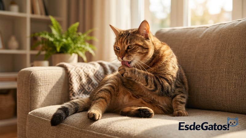 Un gato acicalándose, lamiéndose una patita, sentado tranquilo en el salón de una casa