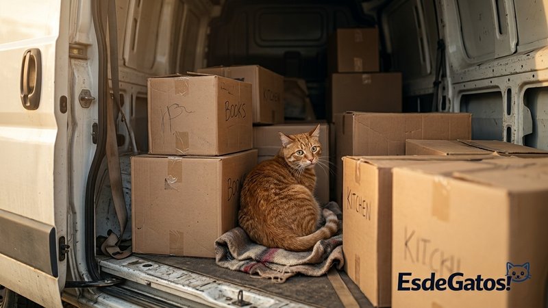Un gato acurrucado entre cajas de mudanza apiladas en el interior de un furgón, mirando alrededor con inquietud