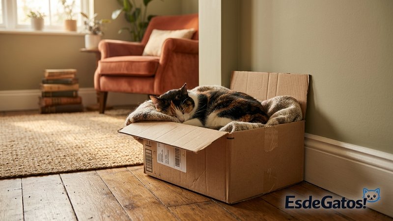 Un gato acurrucado a gusto dentro de una caja de cartón en un rincón del salón