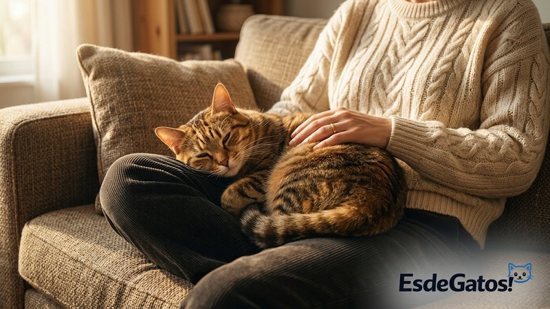 Un gato acurrucado sobre el regazo de una persona sentada en el sofá, ronroneando con los ojos entornados