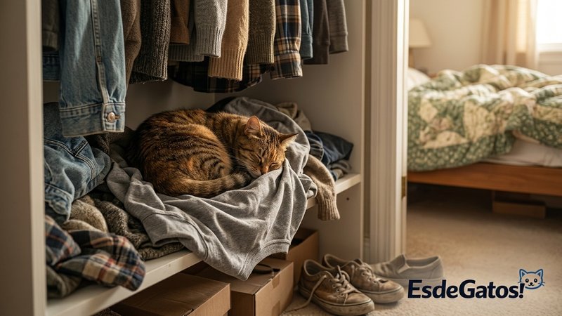 Un gato acurrucado sobre una camiseta usada dentro de un clóset