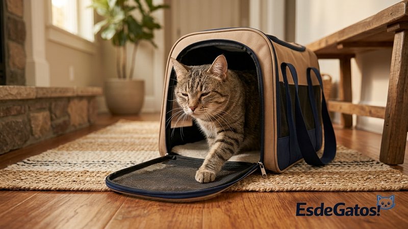Un gato adormilado saliendo con calma de un transportín abierto en el recibidor de una casa