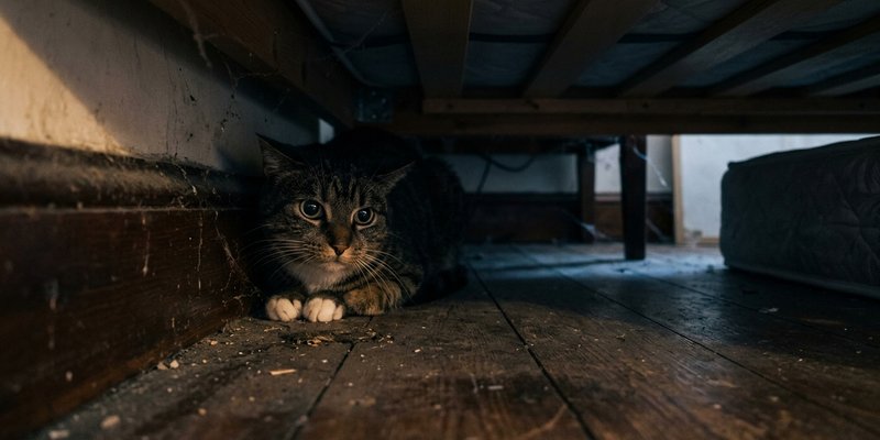 Gato adulto escondido en el rincon mas apartado debajo de una cama