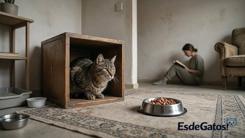 Un gato adulto rescatado o feral dentro de una habitación tranquila