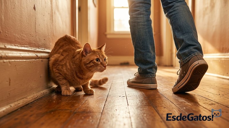 Un gato agazapado y al acecho junto a una pared, a punto de saltar hacia los pies de una persona que camina por el