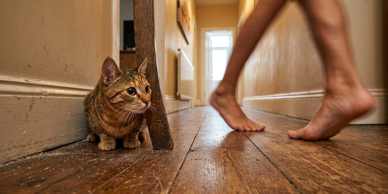 Gato agazapado tras la pata de una silla observando unos pies descalzos