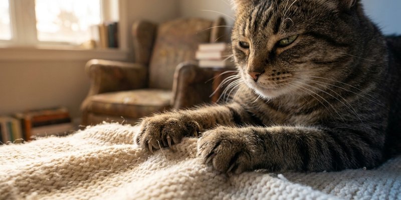 Gato amasando una manta blanda con las dos patas delanteras